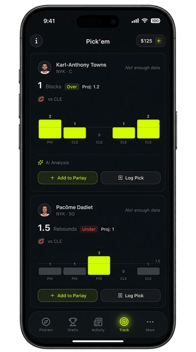 Lasyly app showing player prop analytics with hit rates and matchup grades